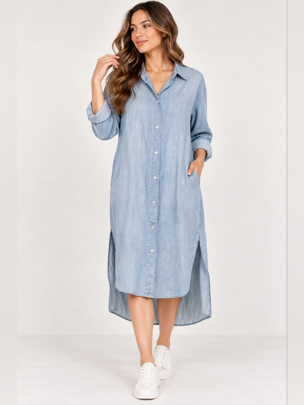 Zara Light Blue Denim Shirt Dress - High-Low Hem